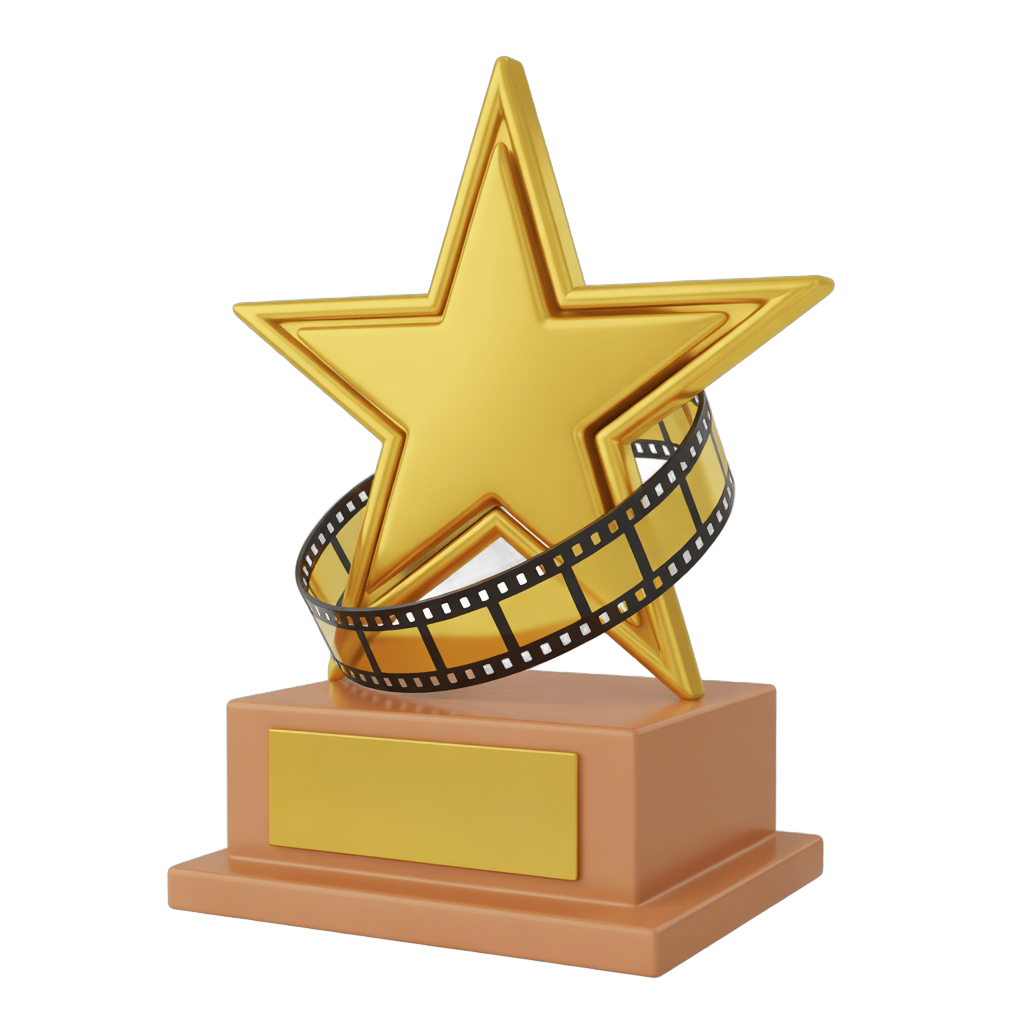 Gold star award trophy with film reel ribbon for entertainment industry recognition and celebration PNG - transparent background