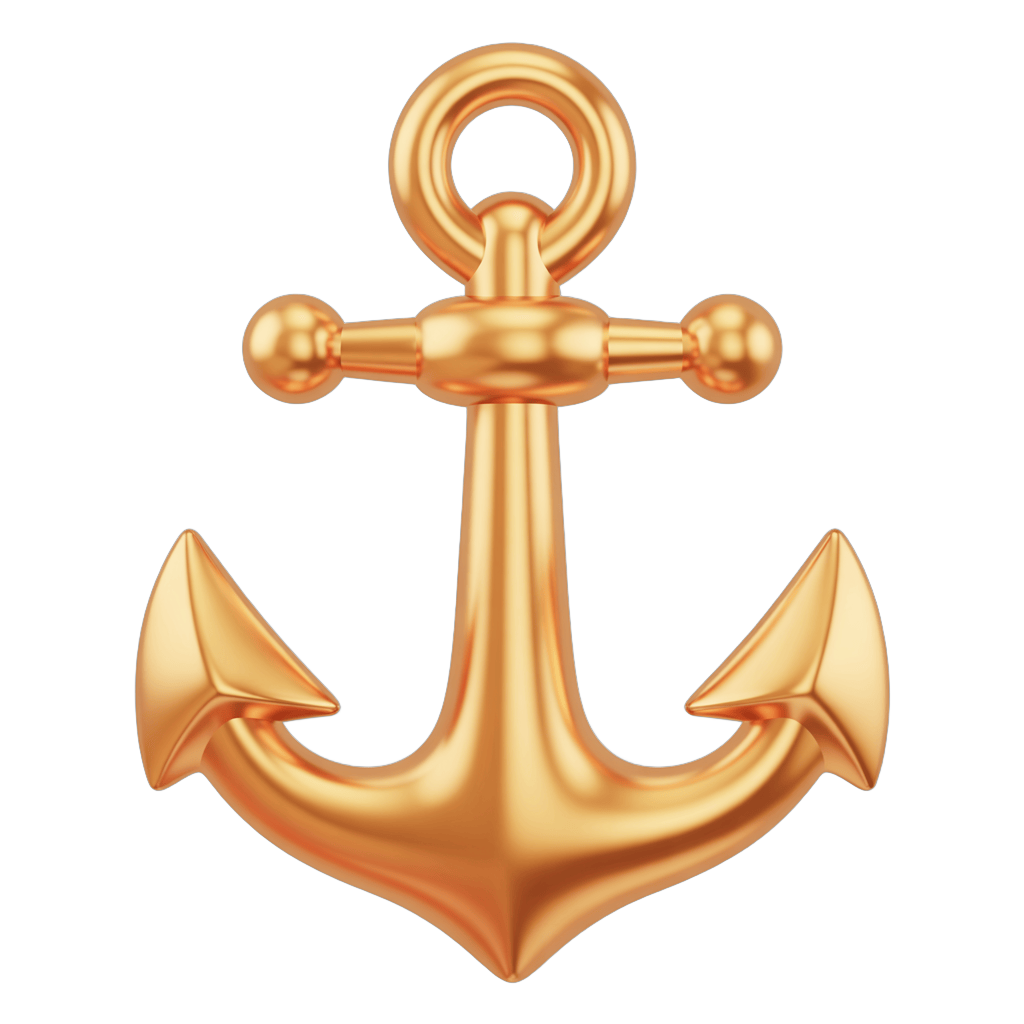 Golden 3d anchor graphic element for nautical maritime travel adventure branding PNG - transparent background