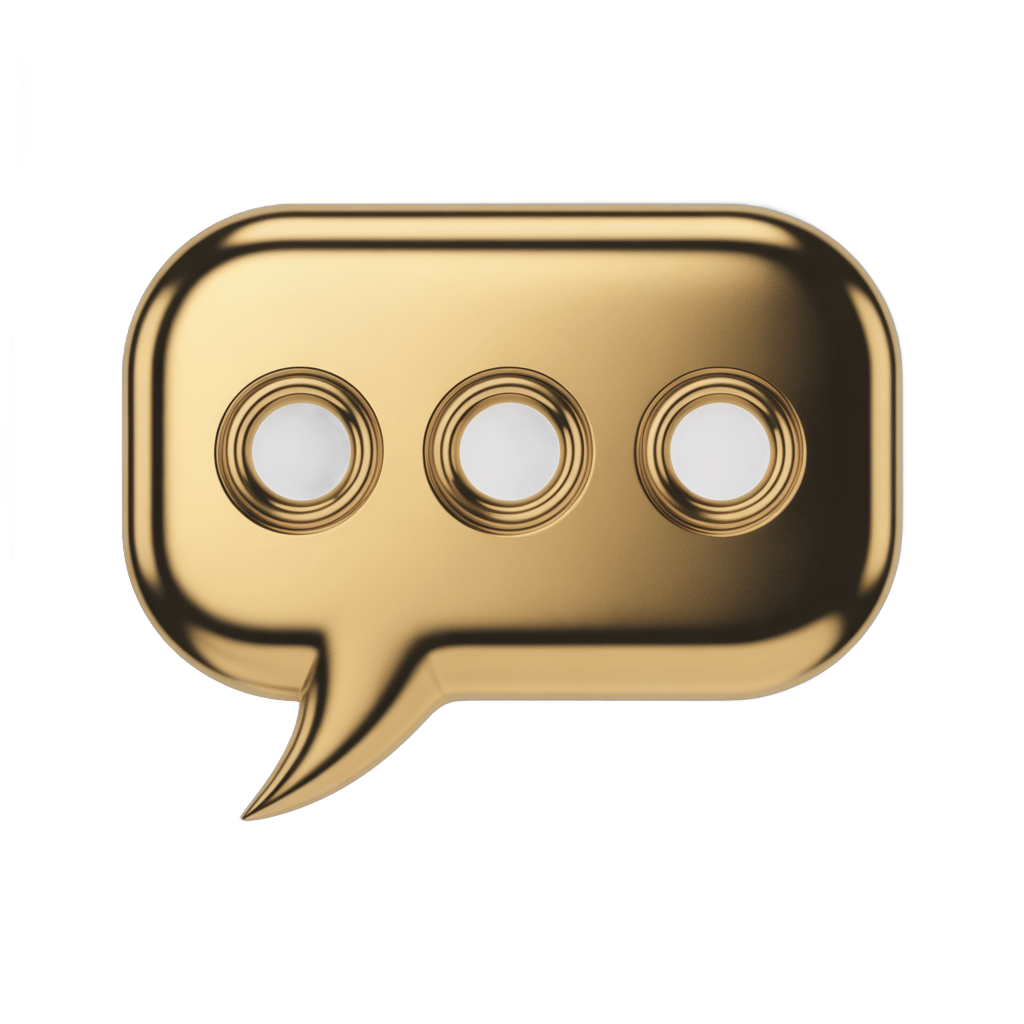 Golden 3d speech bubble with three circles for conversation or communication design elements PNG - transparent background