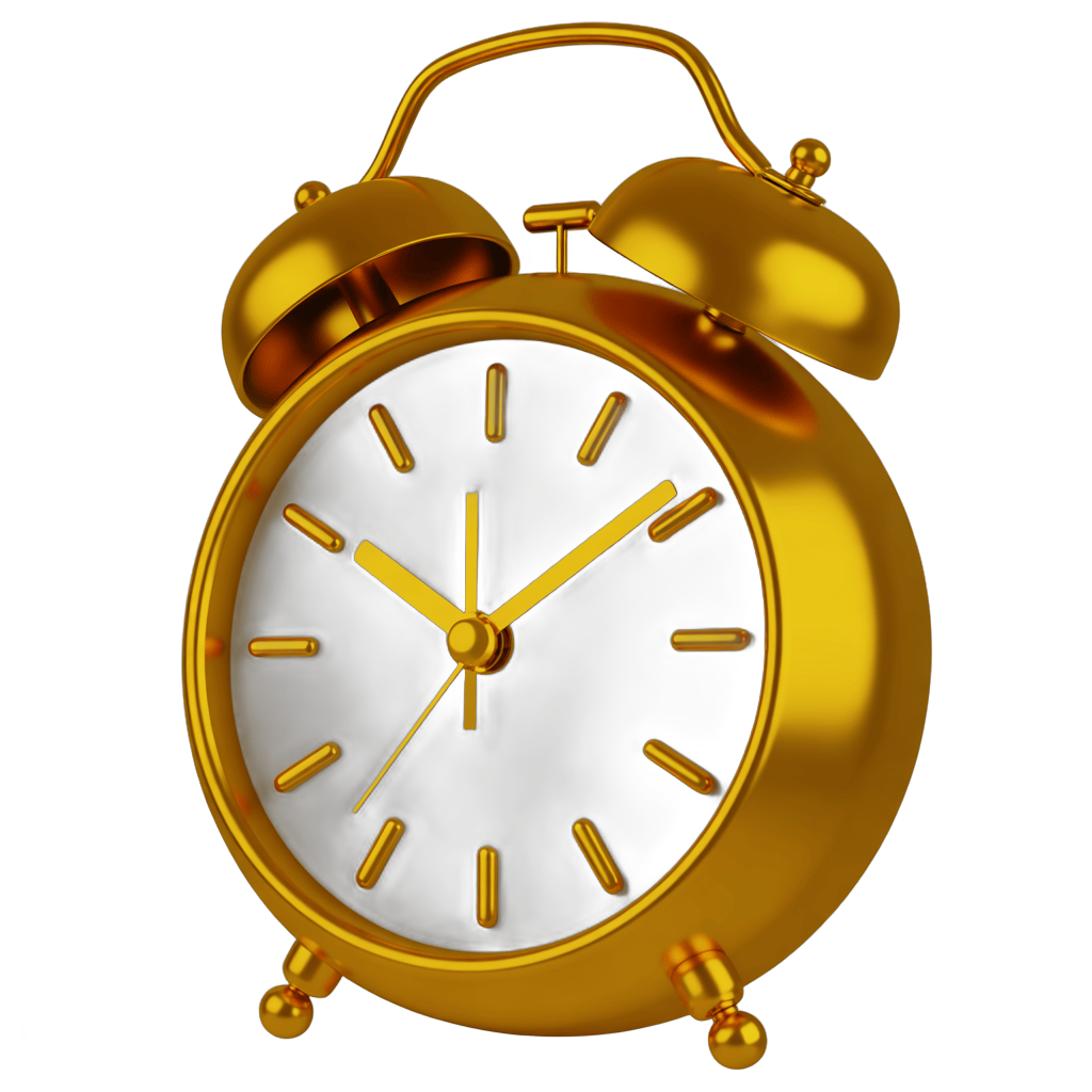 Golden alarm clock illustration for time management and productivity designs PNG - transparent background