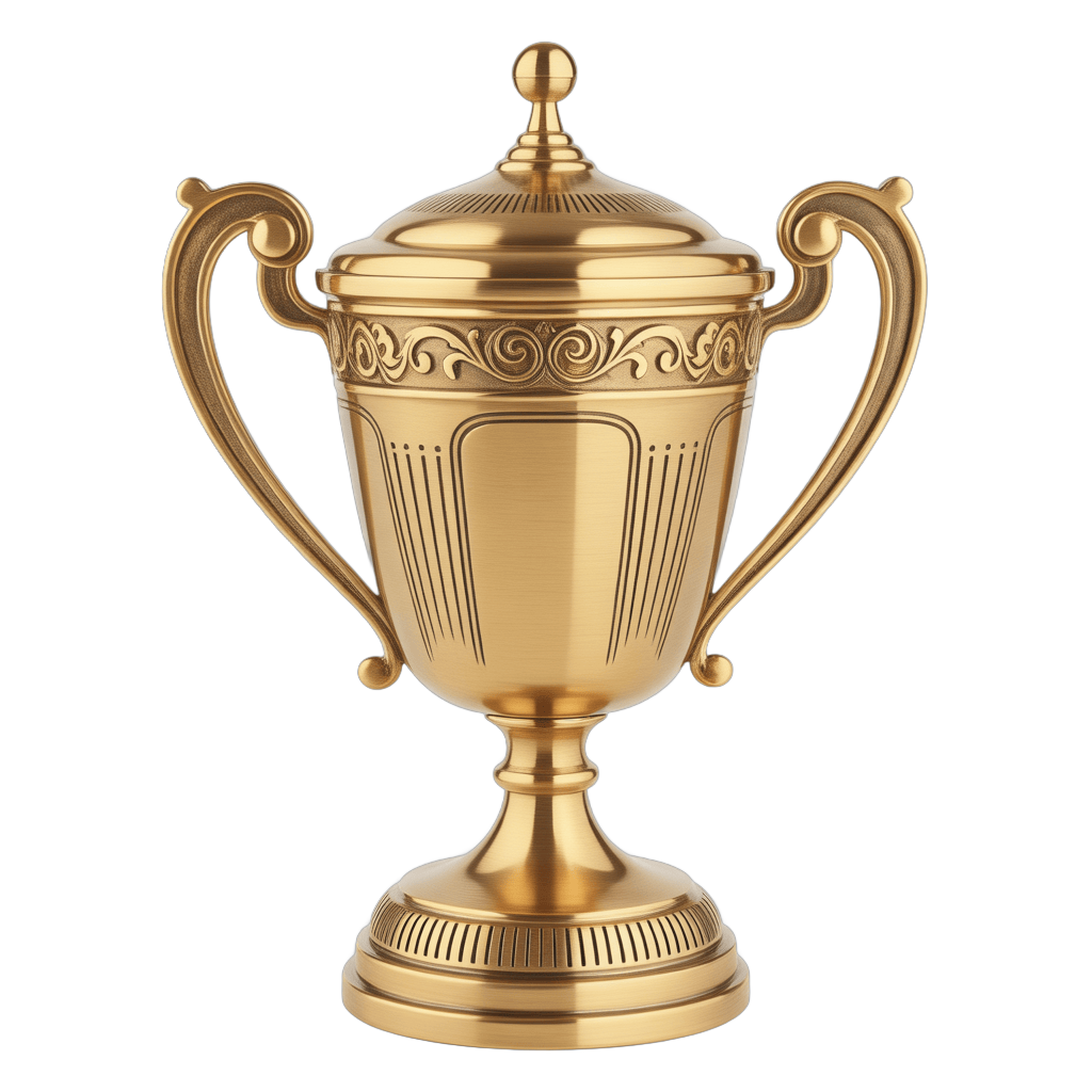 Golden trophy cup with ornate handles for award ceremonies and business recognition events PNG - transparent background