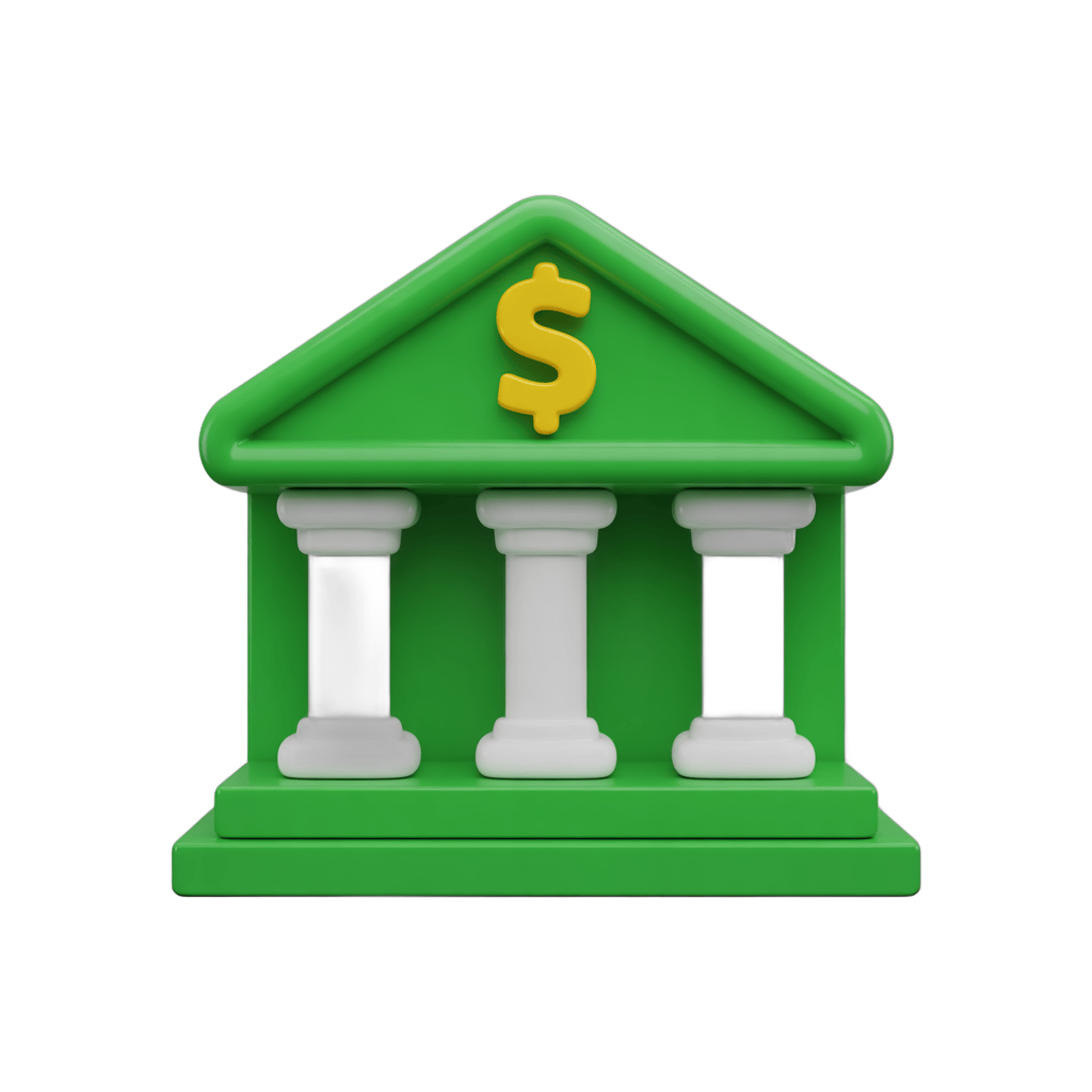 Green 3d money temple building clipart with dollar sign symbol for financial business marketing PNG - transparent background