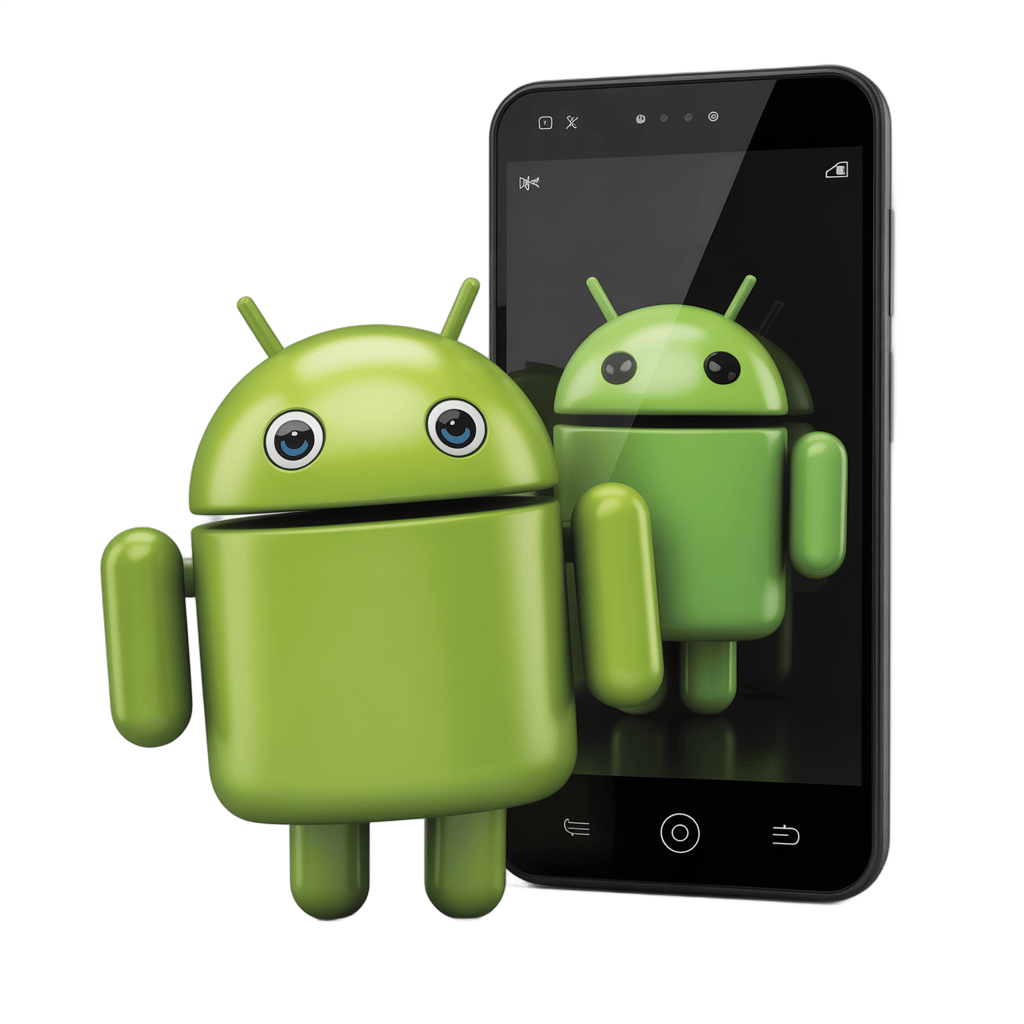 Green android robot mascot clipart with smartphone reflection for app tech marketing designs PNG - transparent background