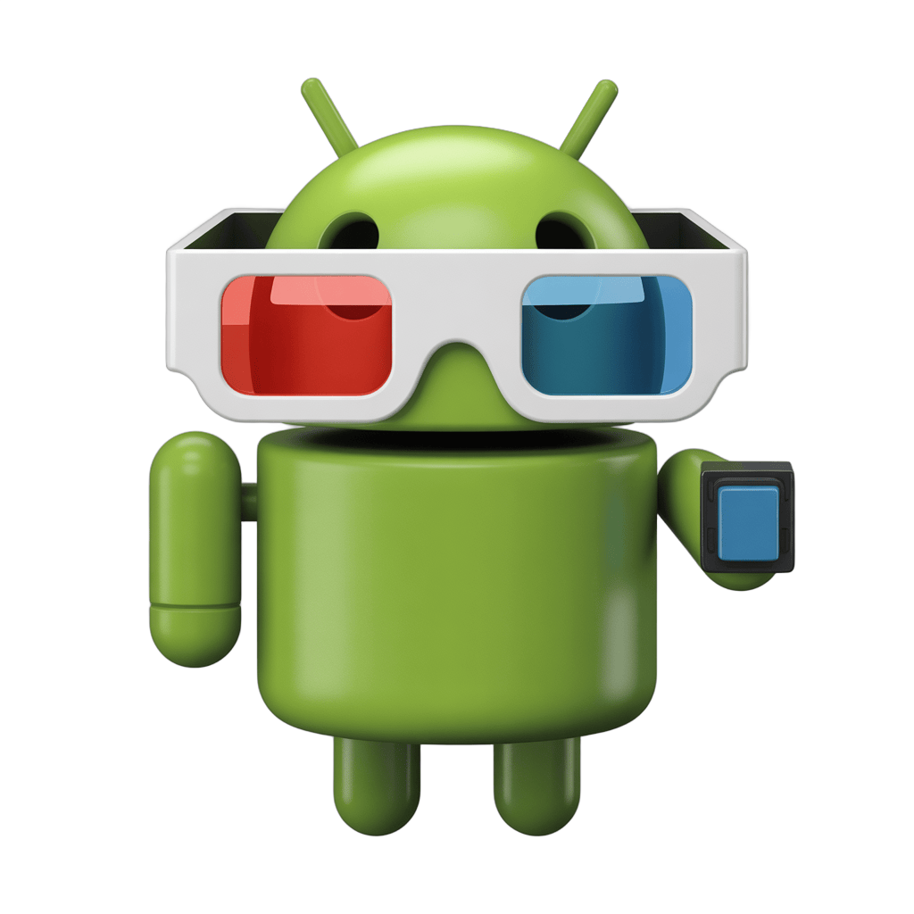 Green android robot wearing 3d glasses holding smartphone for virtual reality tech illustration PNG - transparent background