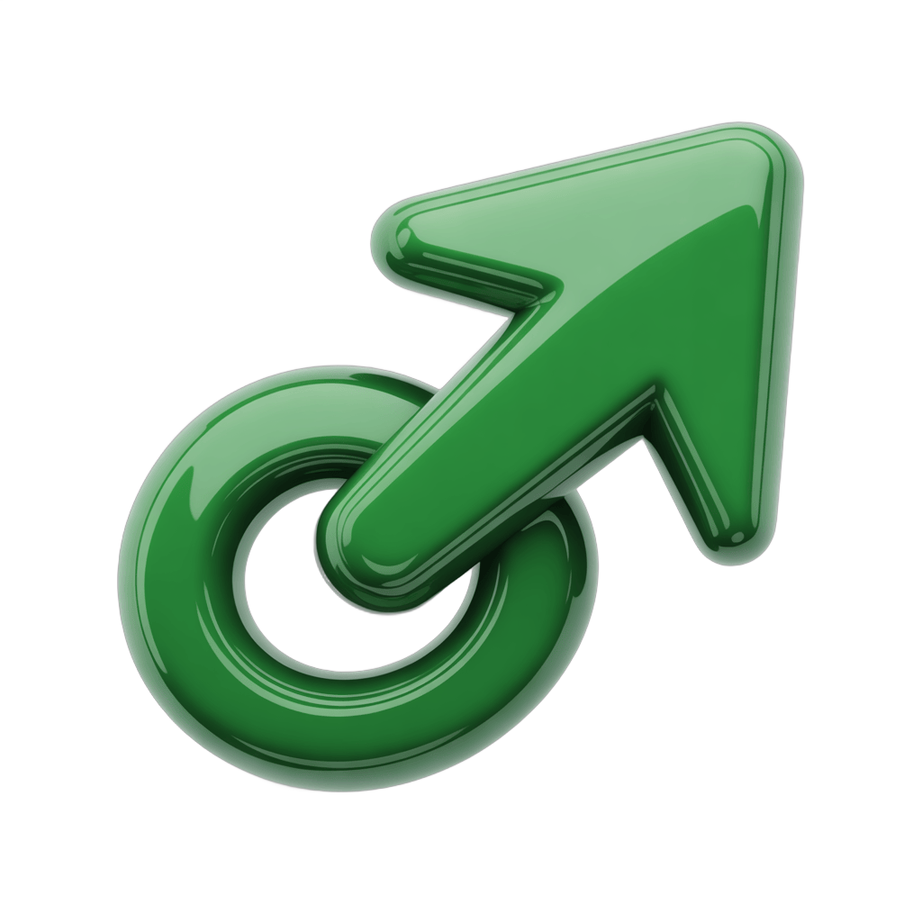 Green male gender symbol arrow icon with circular loop for medical health education and gender identity graphics PNG - transparent background