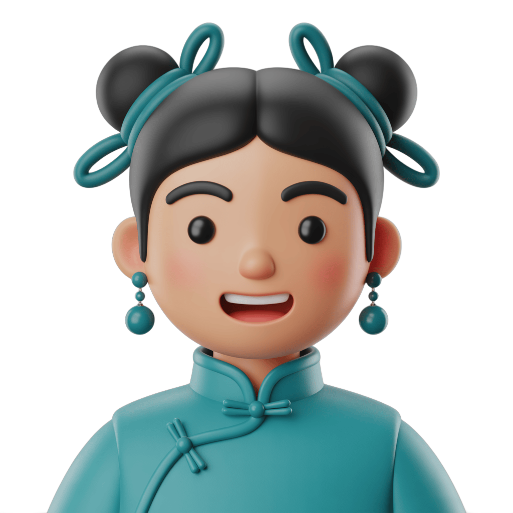 Happy asian girl cartoon character in traditional qipao dress with hair buns and earrings for illustrations PNG - transparent background