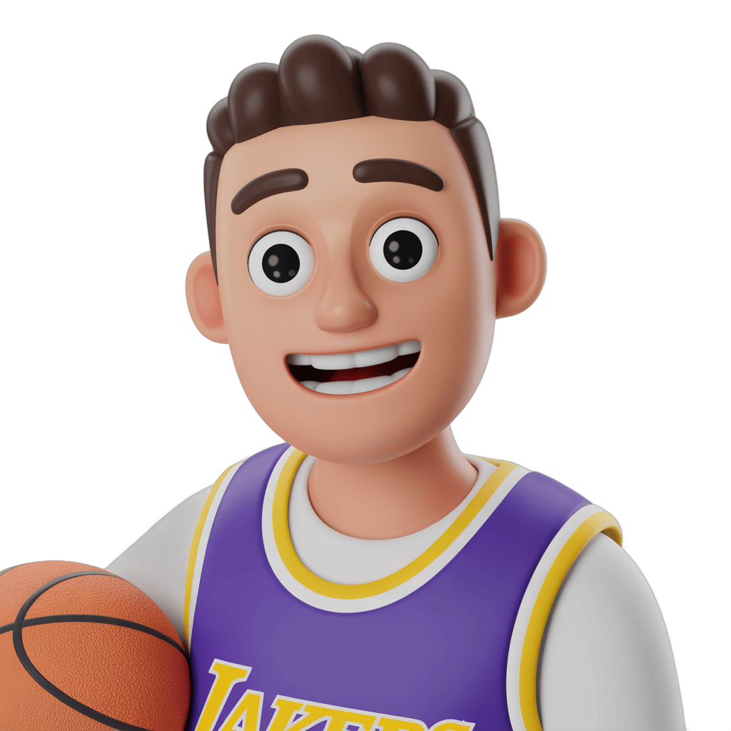 Happy cartoon basketball player holding ball in purple lakers jersey isolated clipart PNG - transparent background