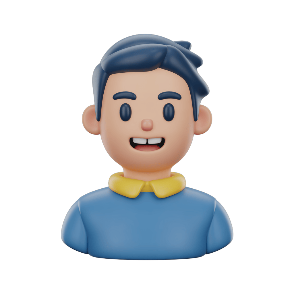 Happy cartoon boy with blue shirt and yellow collar isolated character for presentations and graphics PNG - transparent background