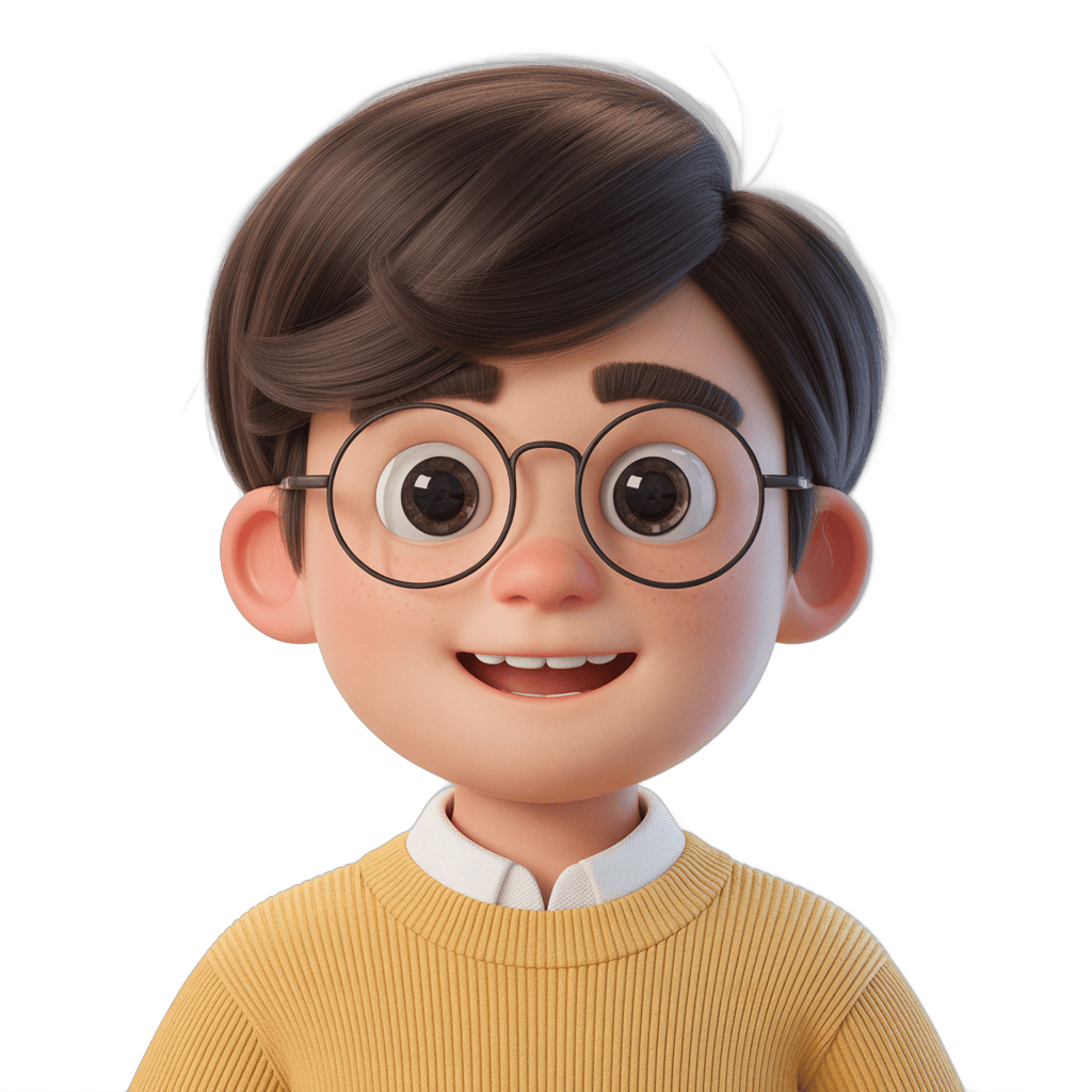Happy cartoon boy with glasses wearing yellow sweater for cheerful educational content PNG - transparent background