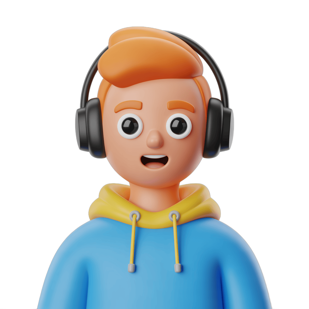 Happy cartoon boy with headphones listening to music in casual hoodie for digital content PNG - transparent background