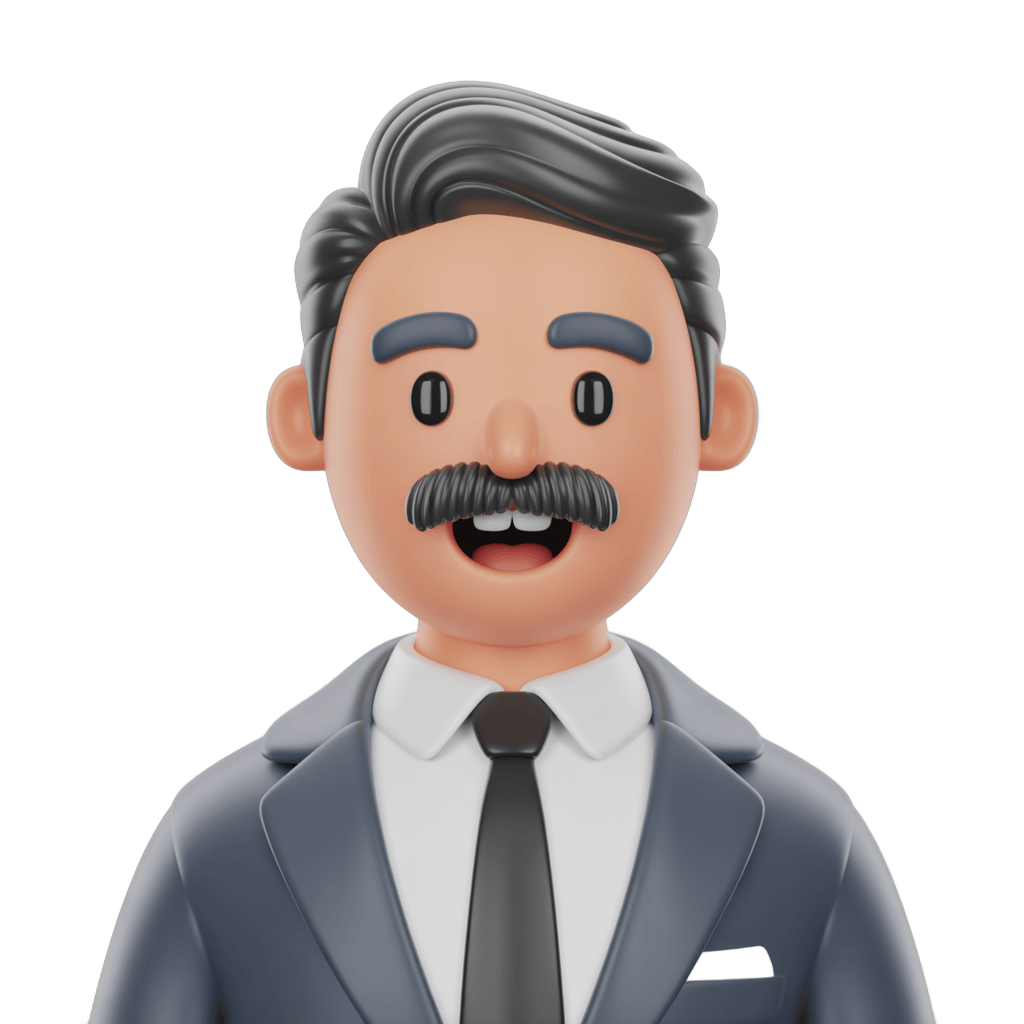 Happy cartoon businessman with mustache and tie for presentations and corporate illustrations PNG - transparent background