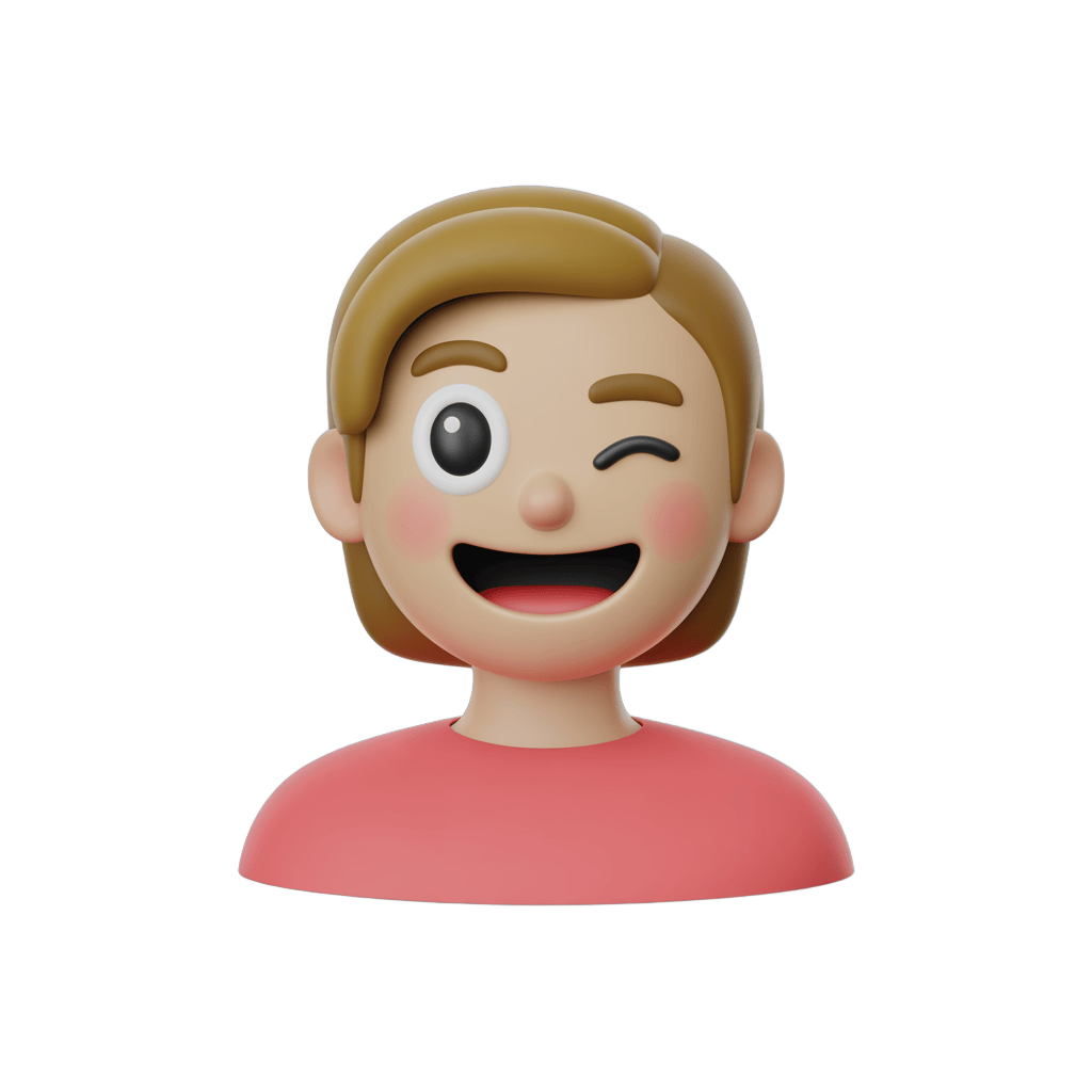 Happy cartoon character with blonde hair winking and smiling for cheerful digital content PNG - transparent background