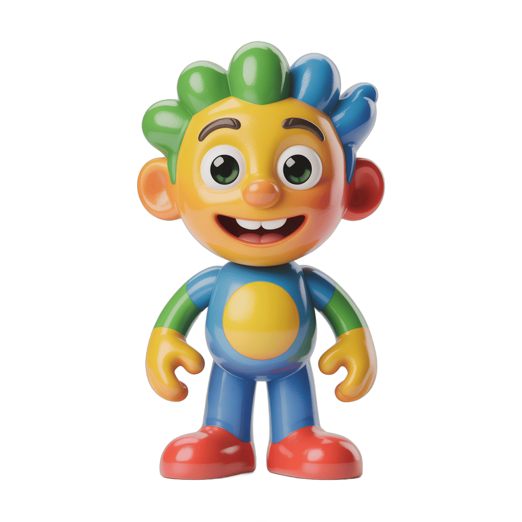 Happy cartoon character with colorful hair and overalls for kids illustrations and designs PNG - transparent background