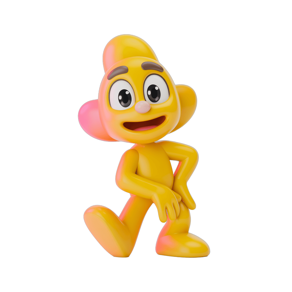 Happy cartoon character with pink ear and yellow body running cheerfully for cheerful presentations and social media graphics PNG - transparent background