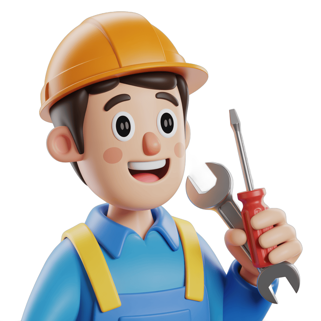 Happy cartoon construction worker holding wrench for repair maintenance and handyman projects PNG - transparent background