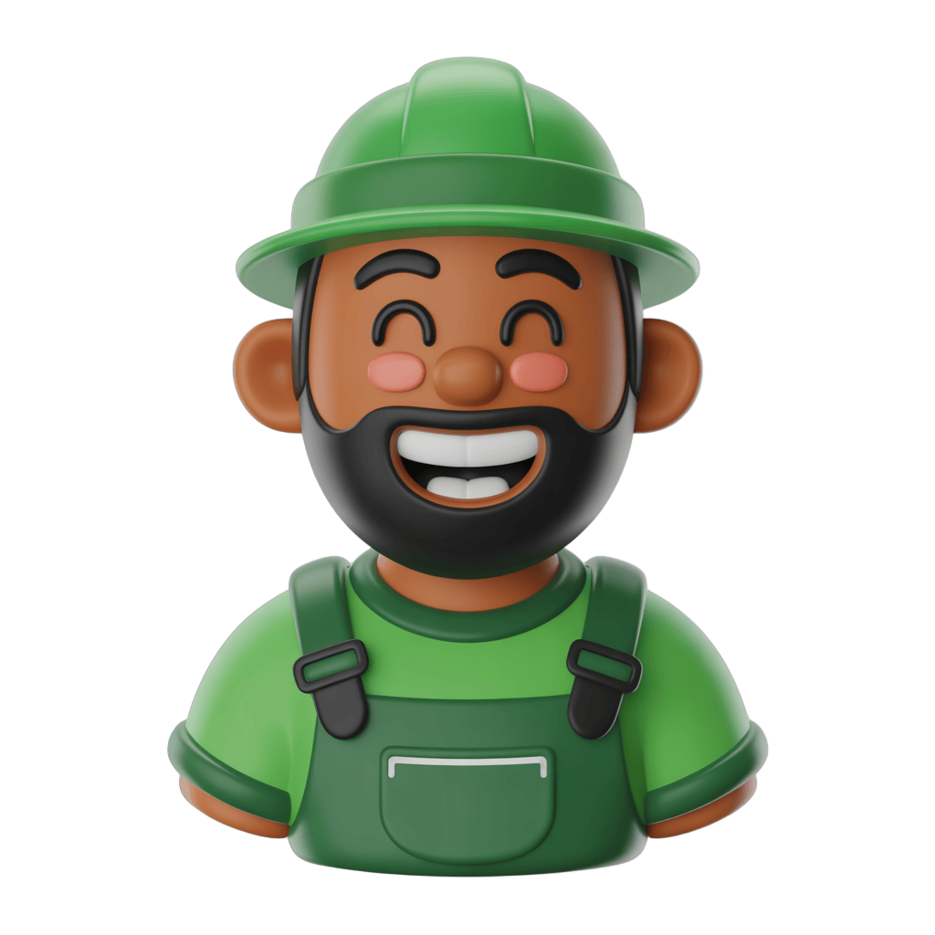 Happy cartoon farmer with green overalls and hard hat laughing cheerfully for agricultural content PNG - transparent background