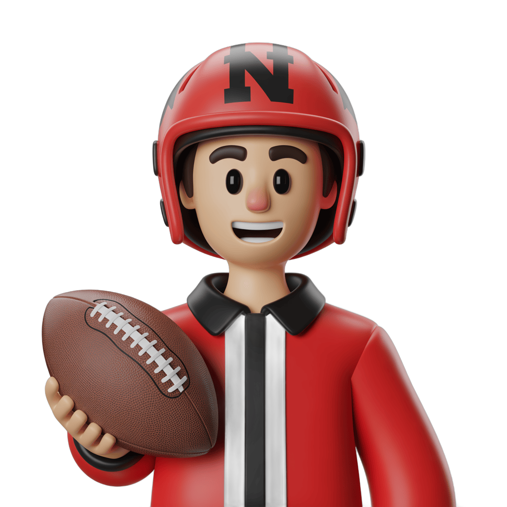 Happy cartoon football player in red jersey and helmet holding ball for sports graphics PNG - transparent background