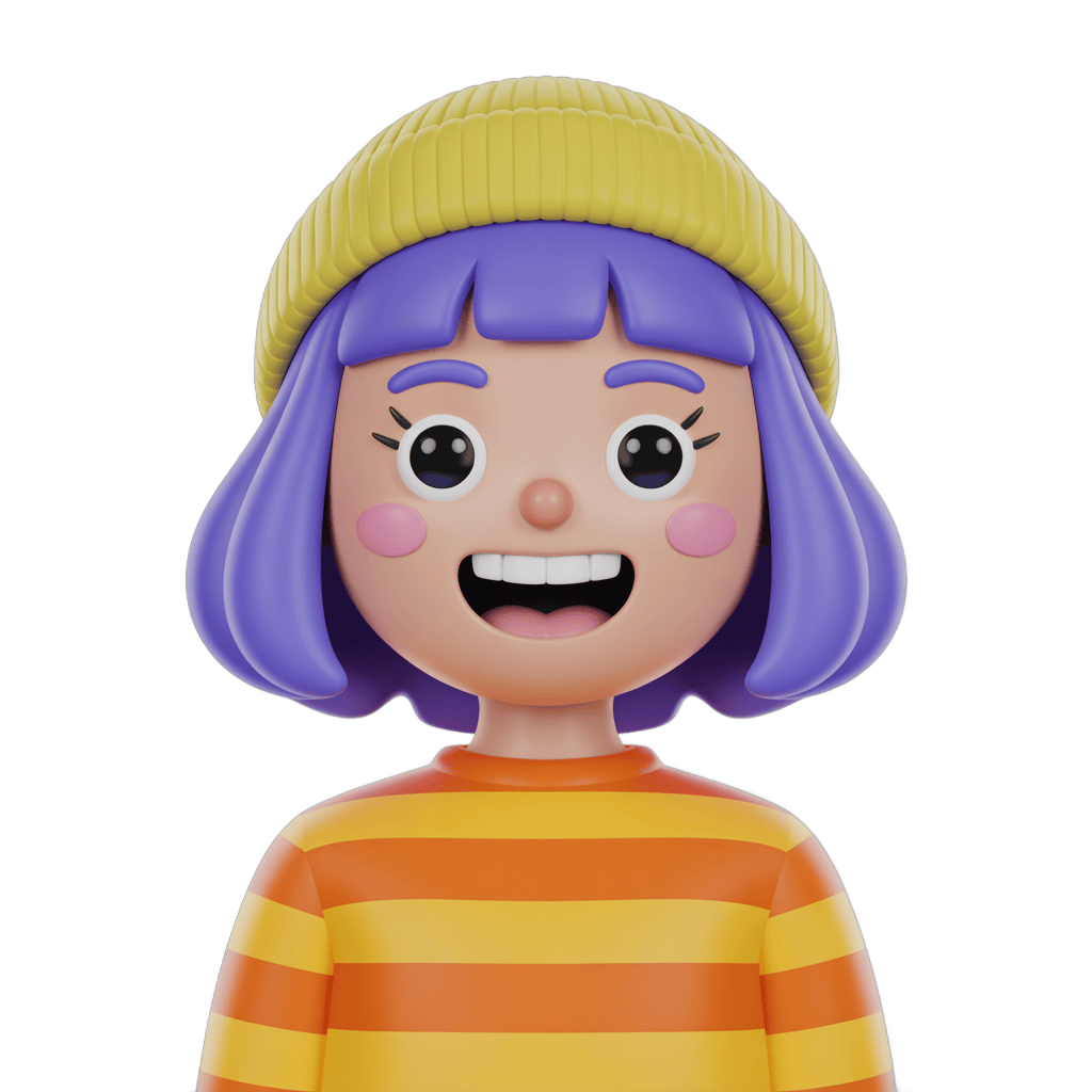 Happy cartoon girl with purple hair and yellow beanie for cheerful children illustrations and animations PNG - transparent background