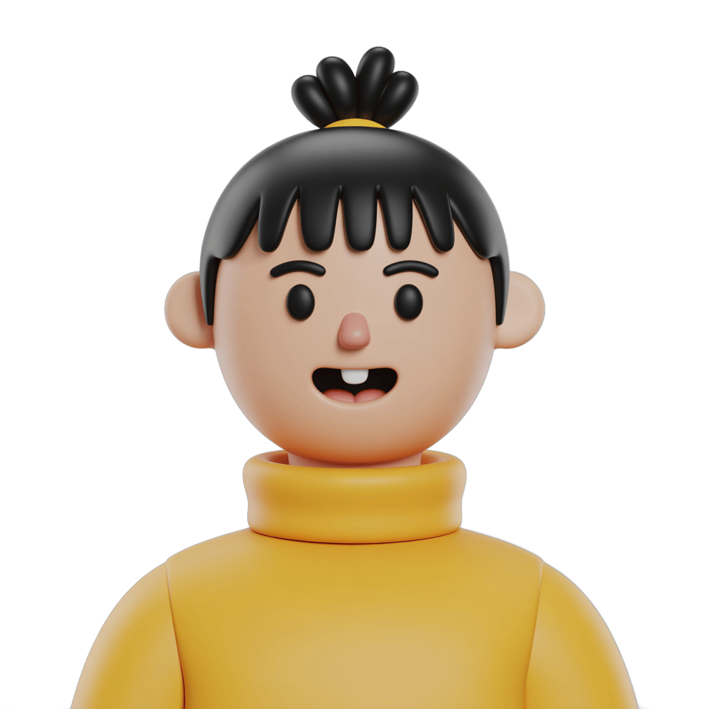 Happy cartoon girl with yellow turtleneck and black hair bun isolated clipart graphic element PNG - transparent background