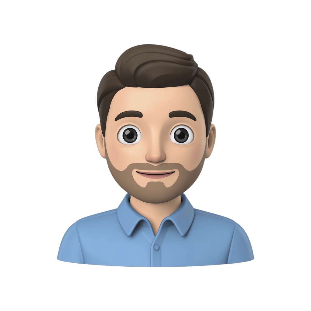 Happy cartoon man with beard in blue shirt for presentations and digital content PNG - transparent background