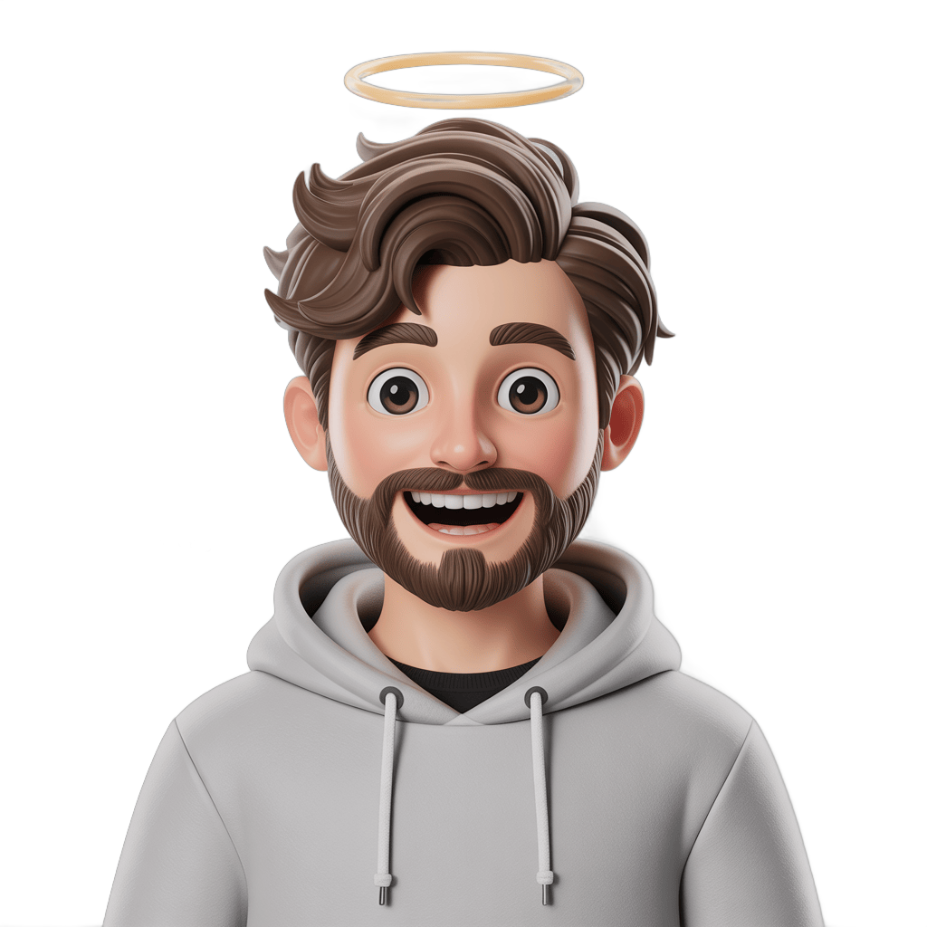 Happy cartoon man with halo wearing gray hoodie for religious spiritual and divine illustrations PNG - transparent background