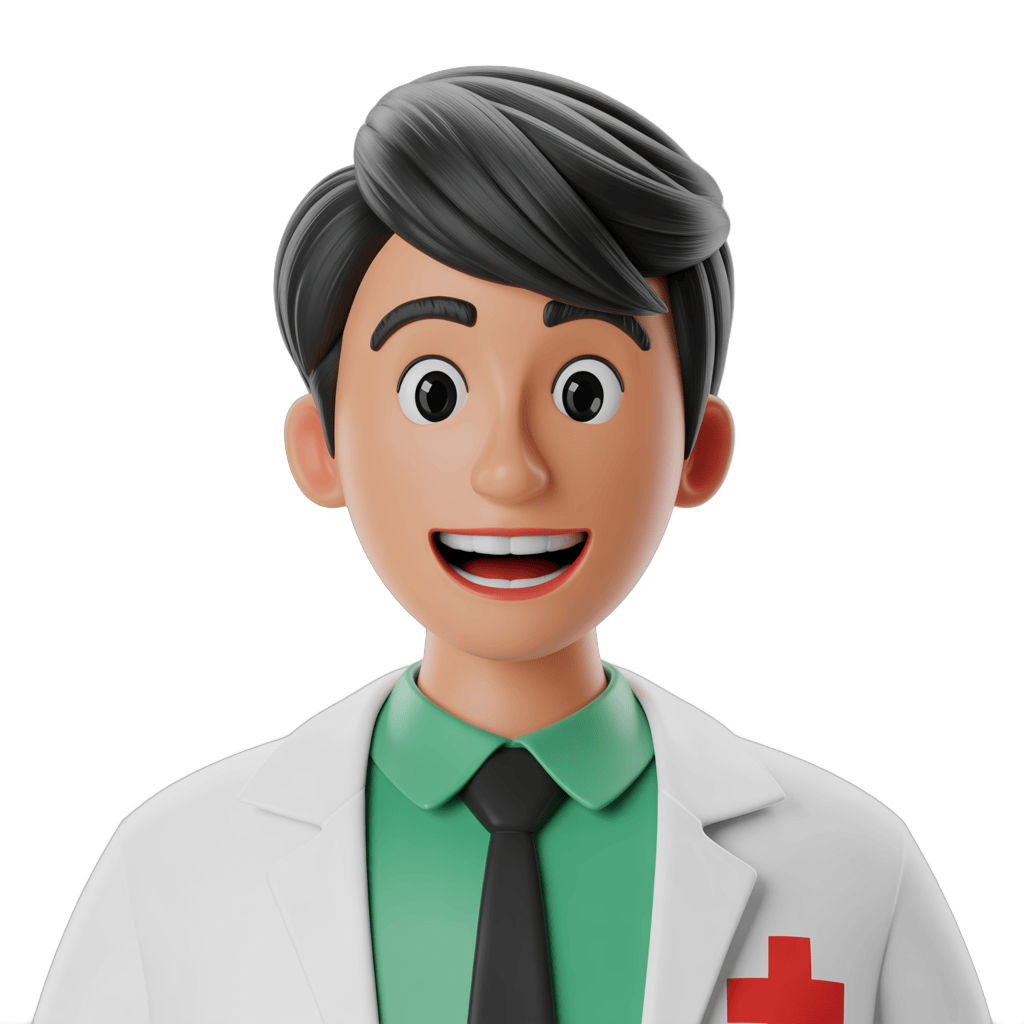 Happy doctor with medical badge in white coat and green shirt for healthcare presentations PNG - transparent background