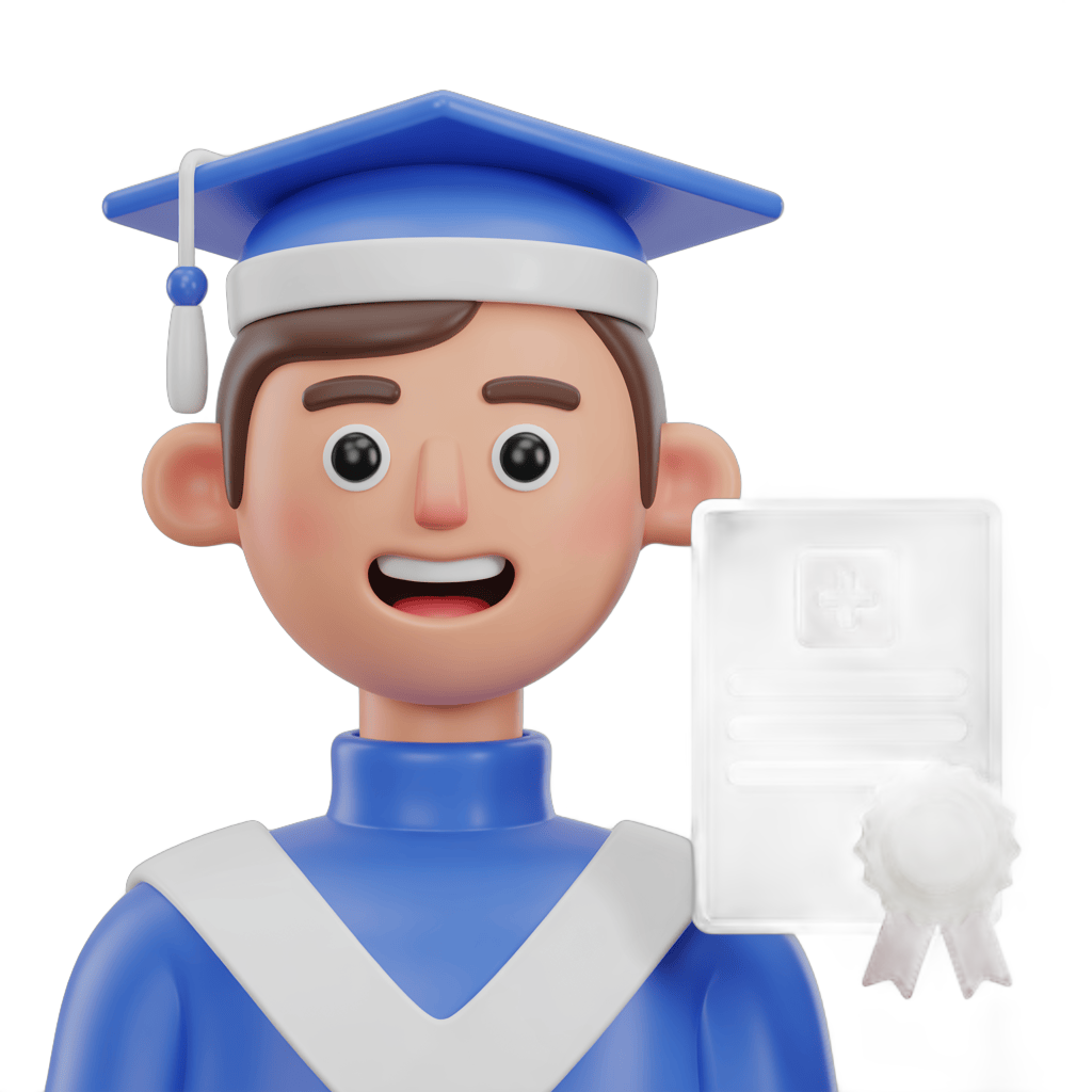 Happy graduate cartoon character holding diploma in blue cap and gown for education celebration PNG - transparent background