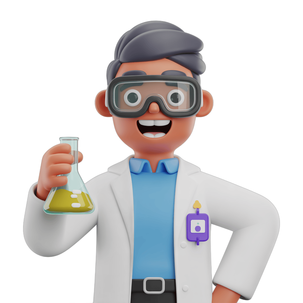 Happy scientist character holding lab flask for educational and science project illustrations PNG - transparent background