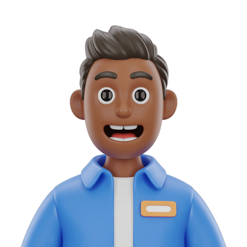 Happy smiling male employee in blue uniform with name tag for corporate training presentation PNG - transparent background