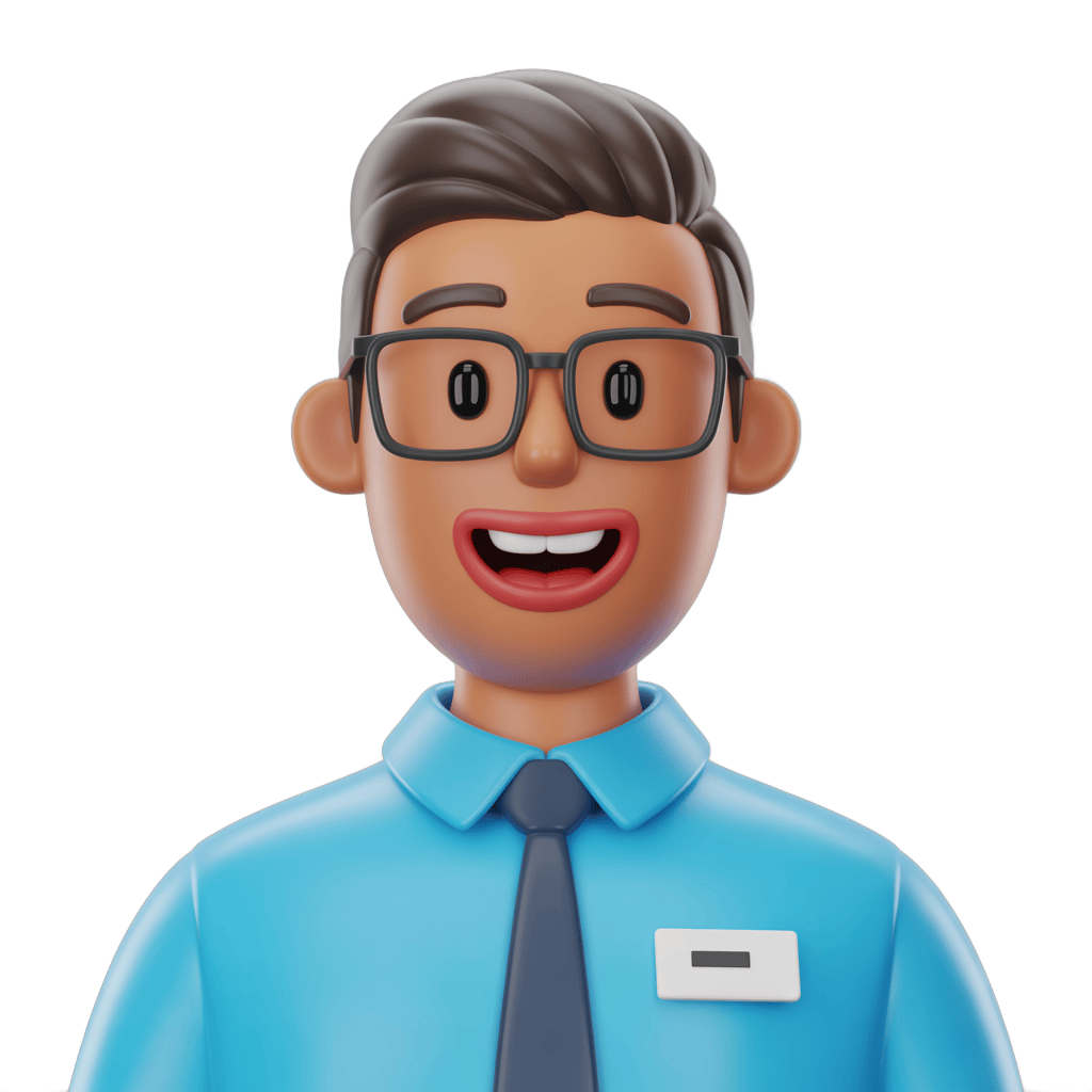Happy smiling office worker with glasses and name tag in professional blue shirt and tie PNG - transparent background