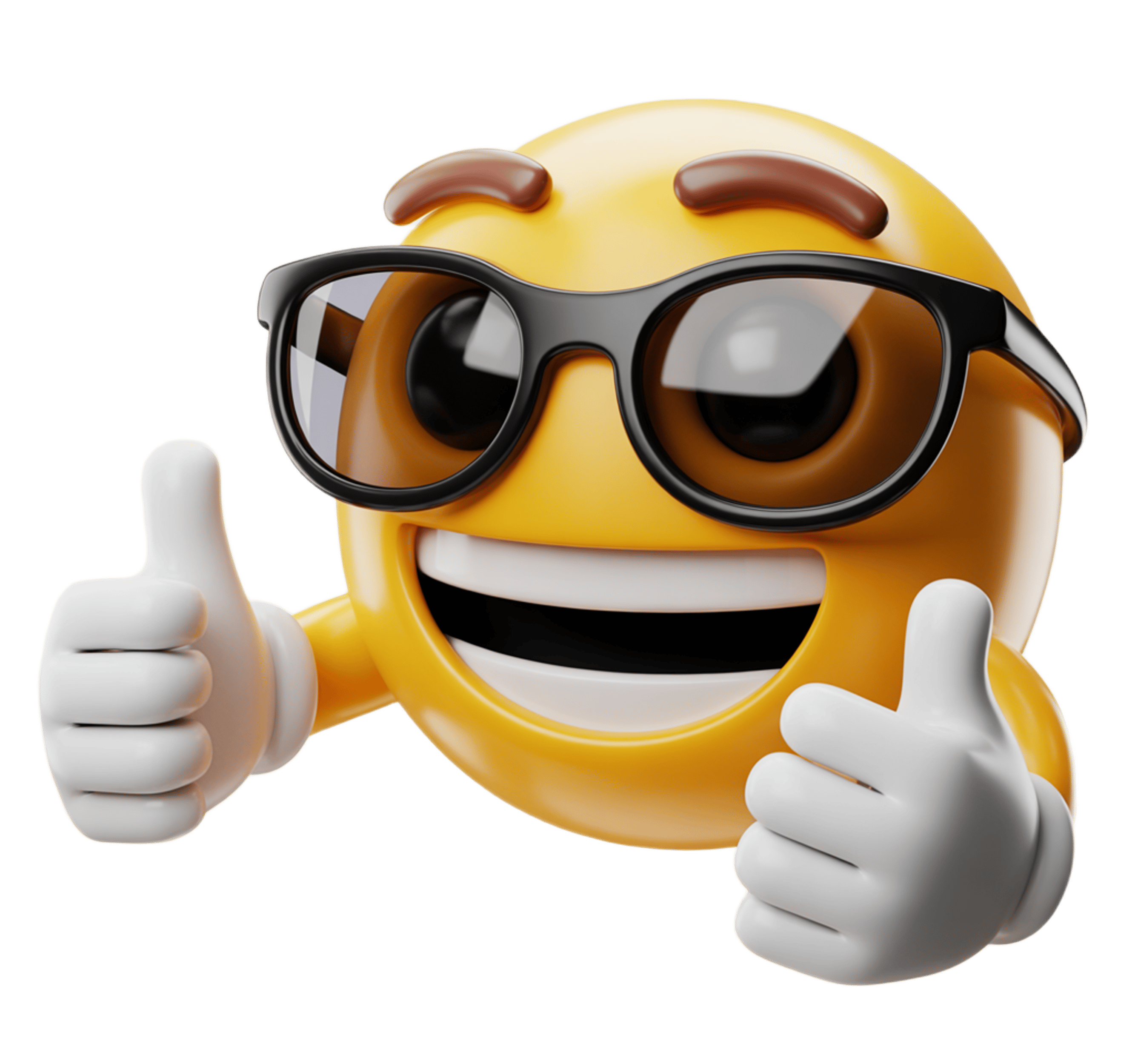 Happy yellow emoji with sunglasses giving two thumbs up isolated transparent clipart graphic PNG - transparent background