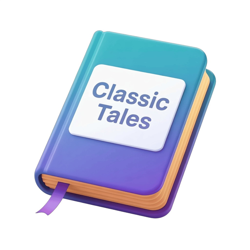 Illustrated classic tales book cover with teal and purple colors for educational and literary designs PNG - transparent background