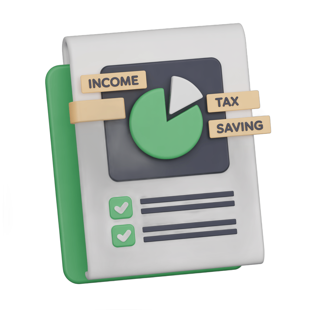 Income tax savings calculator document with pie chart and checklist for financial planning PNG - transparent background