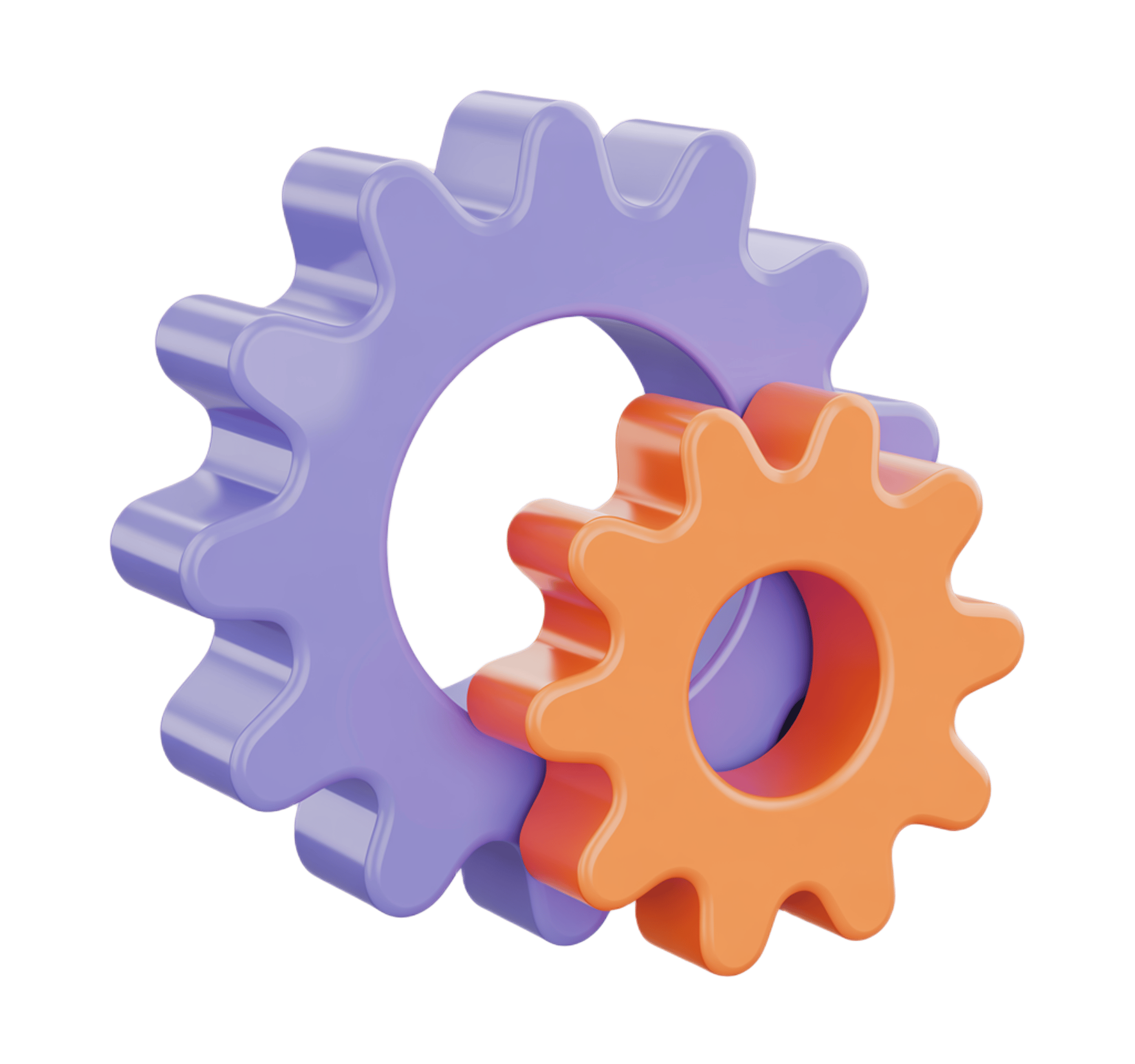 Interlocking purple and orange gears illustration for business technology and mechanics design projects PNG - transparent background