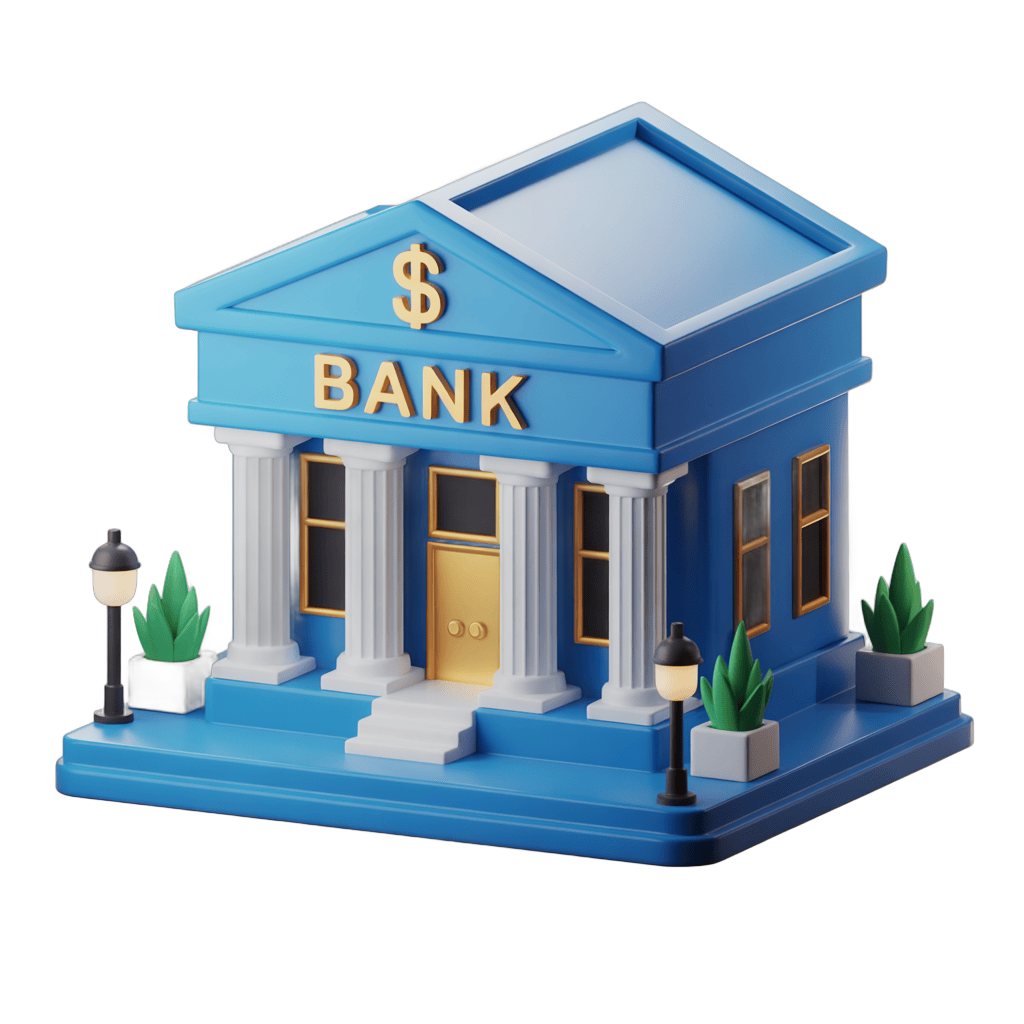 Isolated 3D bank building clipart with dollar sign symbol for financial business presentations and marketing materials PNG - transparent background