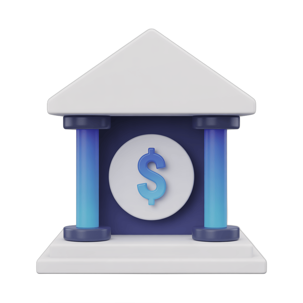 Isolated 3d bank building clipart with dollar sign symbol for financial business graphics PNG - transparent background