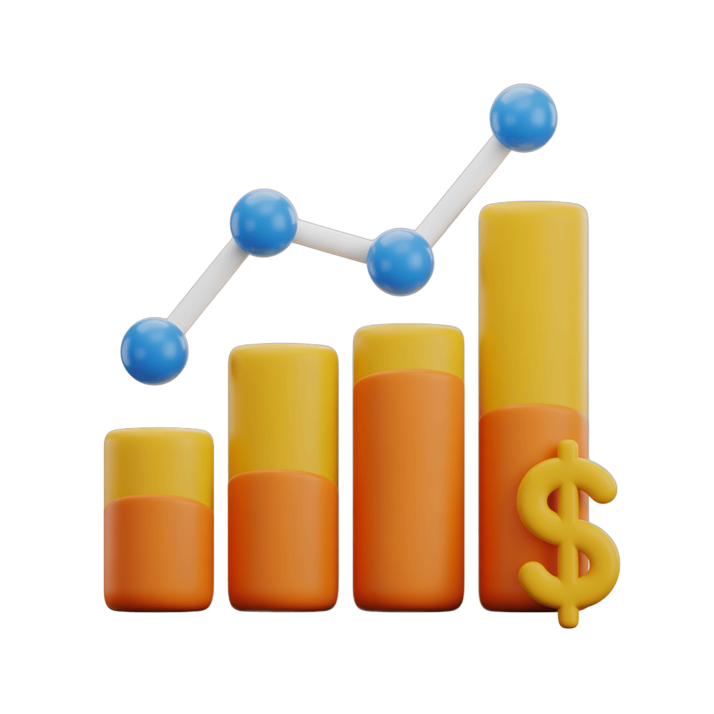 Isolated 3D bar chart with upward trend and dollar sign illustrating business growth and financial success PNG - transparent background