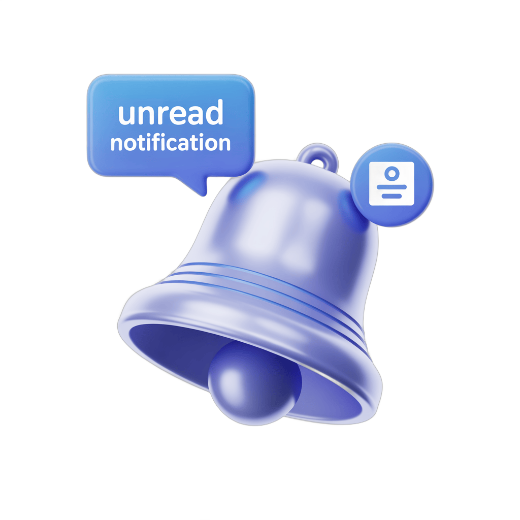 Isolated 3d bell icon with unread notification badge for app alerts and mobile messaging design PNG - transparent background