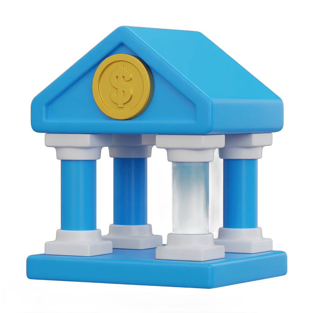 Isolated 3d clipart building illustration of a bank with dollar sign symbol on roof for financial business graphics PNG - transparent background