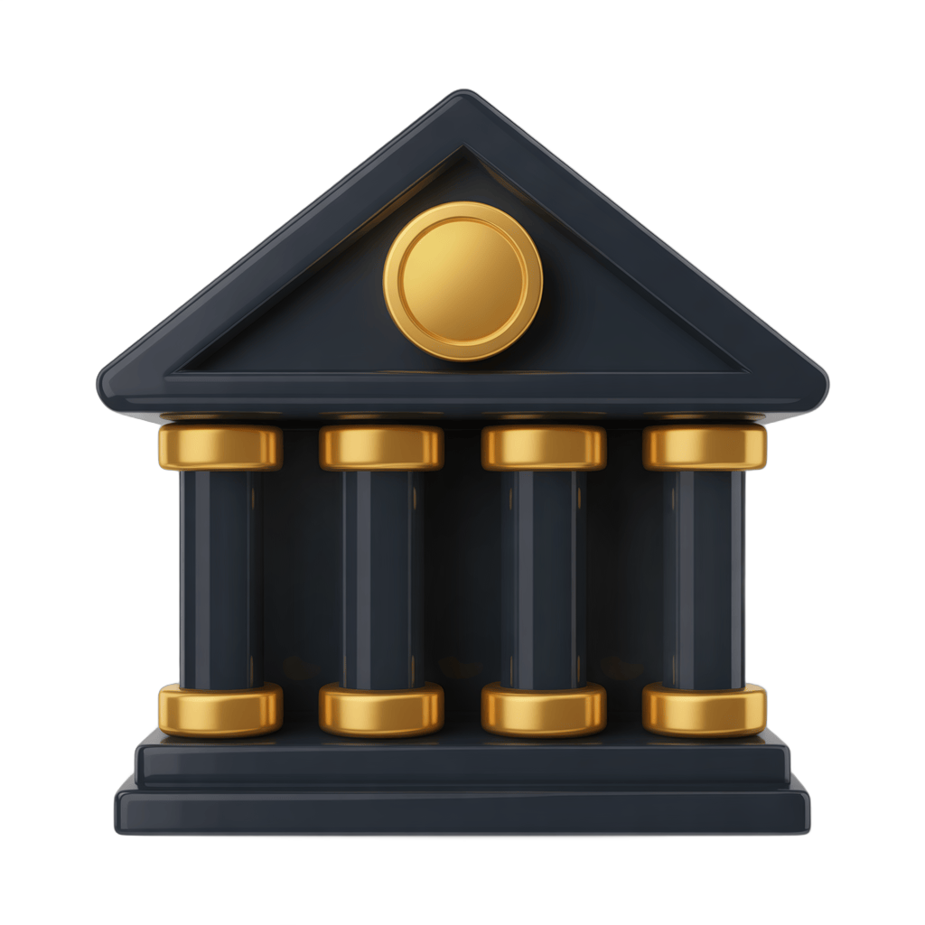 Isolated 3d clipart building illustration of classic greek temple with gold columns for corporate presentations and branding PNG - transparent background
