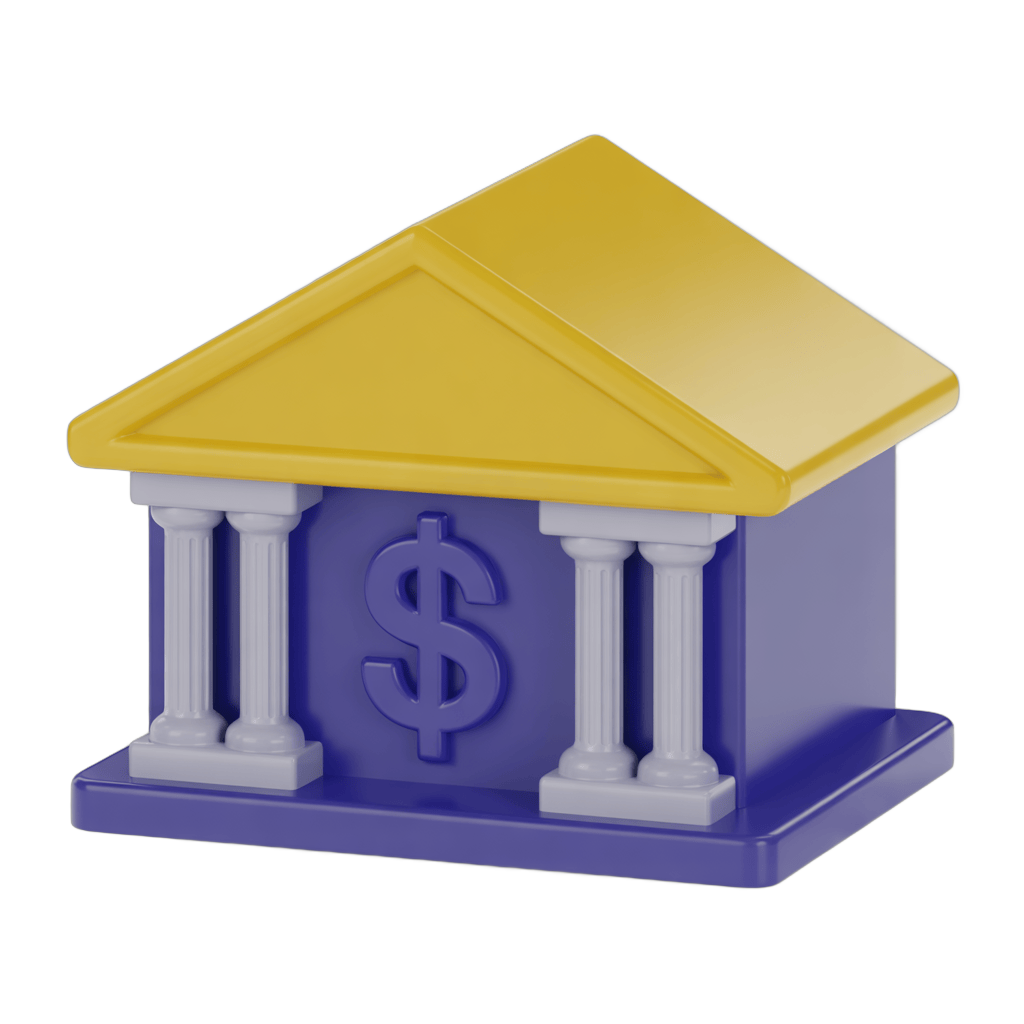 Isolated 3d clipart graphic of a classical bank building with dollar symbol for financial business presentations PNG - transparent background