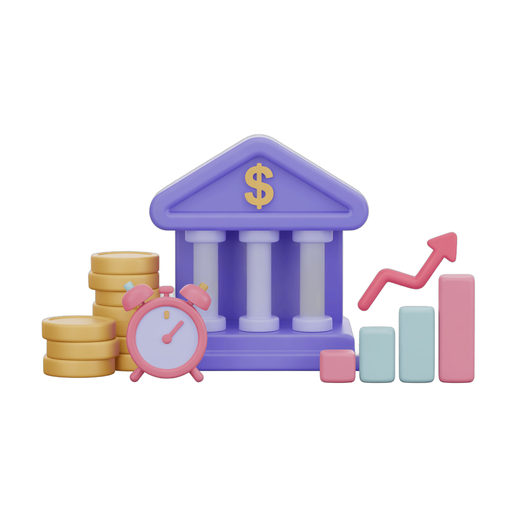 Isolated 3d clipart graphic of bank building with gold coins stack and growth chart for financial business presentations PNG - transparent background