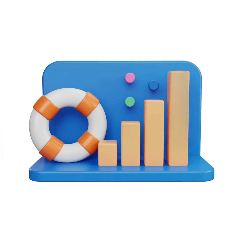 Isolated 3d clipart graphic of life preserver with rising bar chart on blue platform for business growth PNG - transparent background