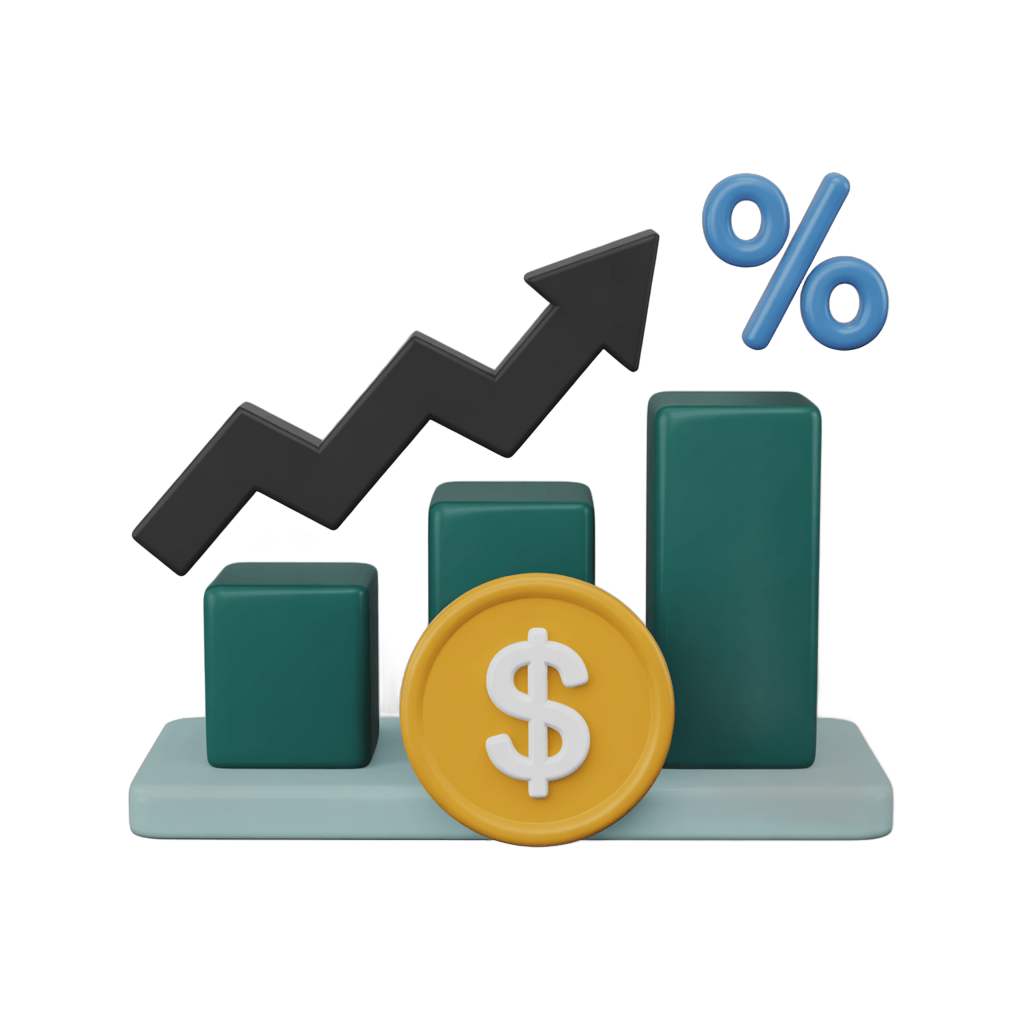 Isolated 3d clipart graphic showing financial growth with dollar coin and percentage symbol PNG - transparent background