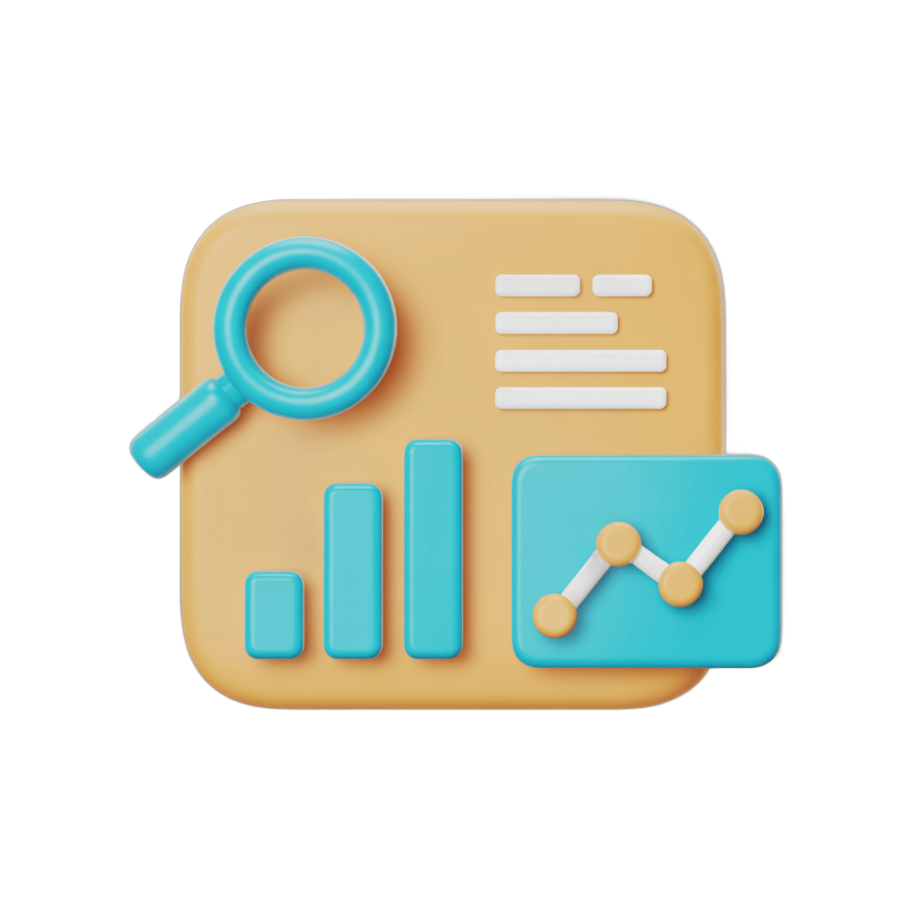 Isolated 3d clipart icon of analytics dashboard with bar chart growth and magnifying glass for business reports PNG - transparent background