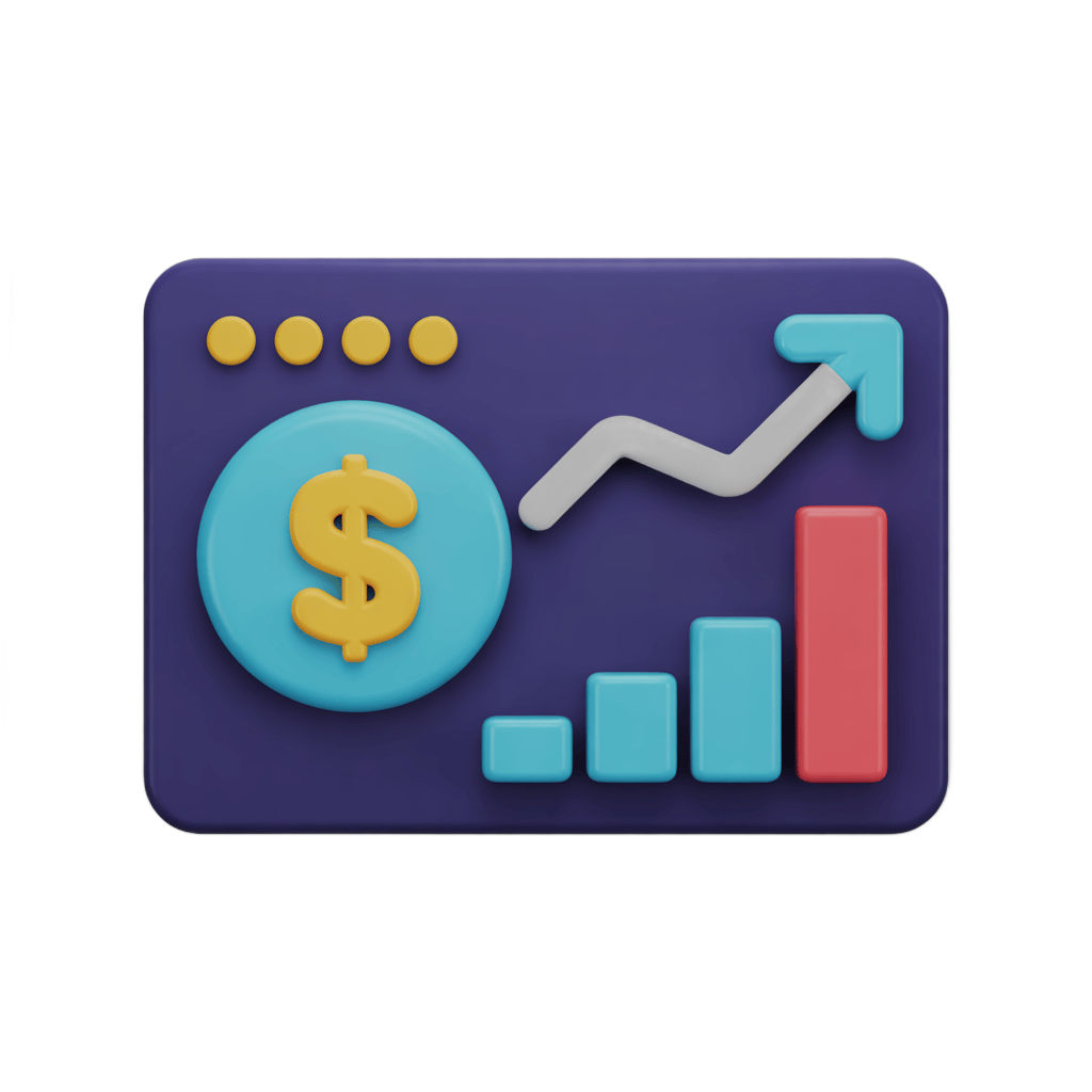 Isolated 3d clipart icon showing financial growth with dollar sign and upward bar chart for business presentations PNG - transparent background
