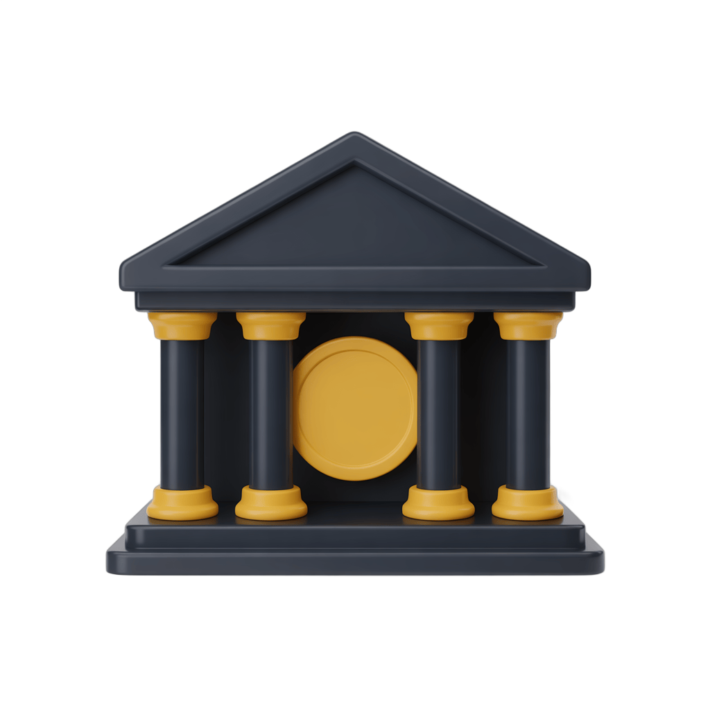 Isolated 3d clipart illustration of a classical bank building with gold accents for financial presentations and branding PNG - transparent background