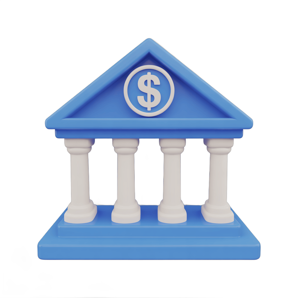 Isolated 3d clipart illustration of a classical bank building with dollar symbol on roof for financial business marketing PNG - transparent background