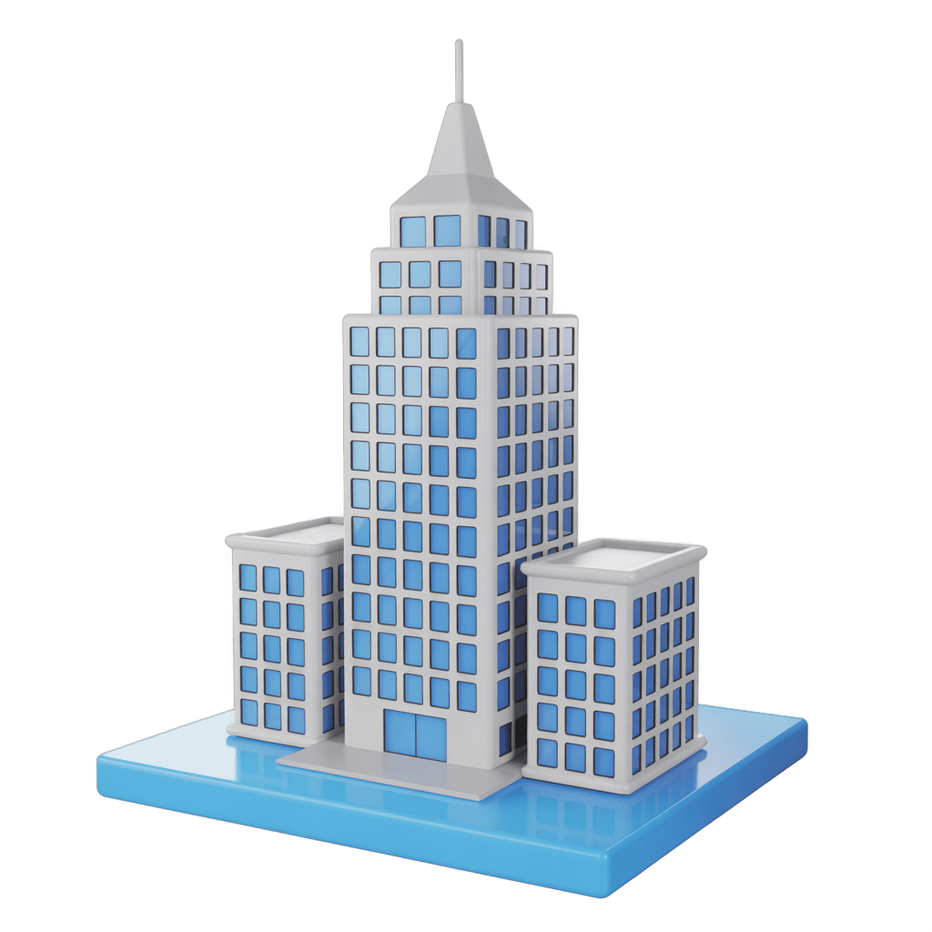 Isolated 3d clipart illustration of modern skyscraper complex with transparent background for presentations PNG - transparent background
