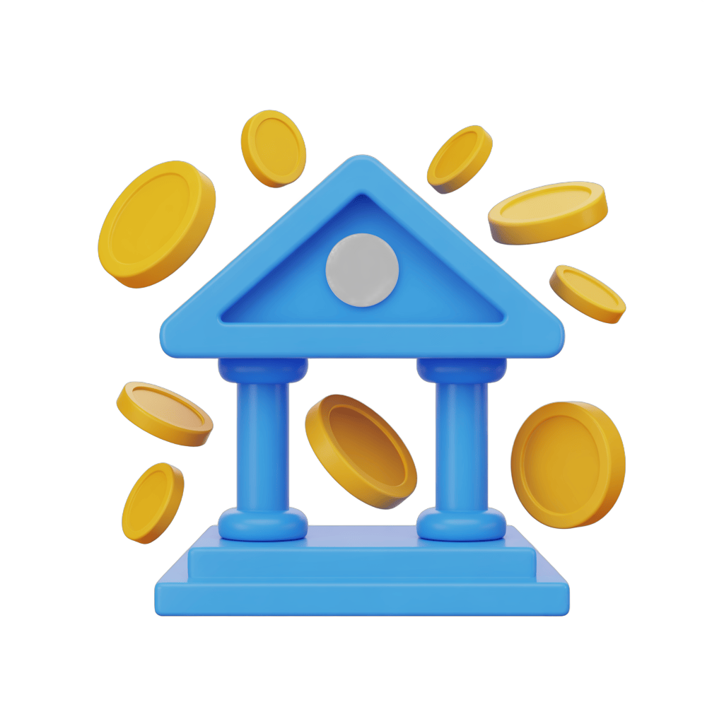 Isolated 3d clipart of bank building with flying gold coins for financial success and wealth illustration PNG - transparent background